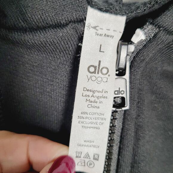 Alo Yoga Hoodie Womans Large Black Full Zip Sweatshirt Drawstring Logo Boxy - Picture 4 of 9